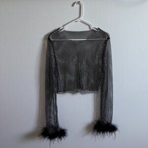 EUC Rhinestone Sheer Mesh Top with Feathers